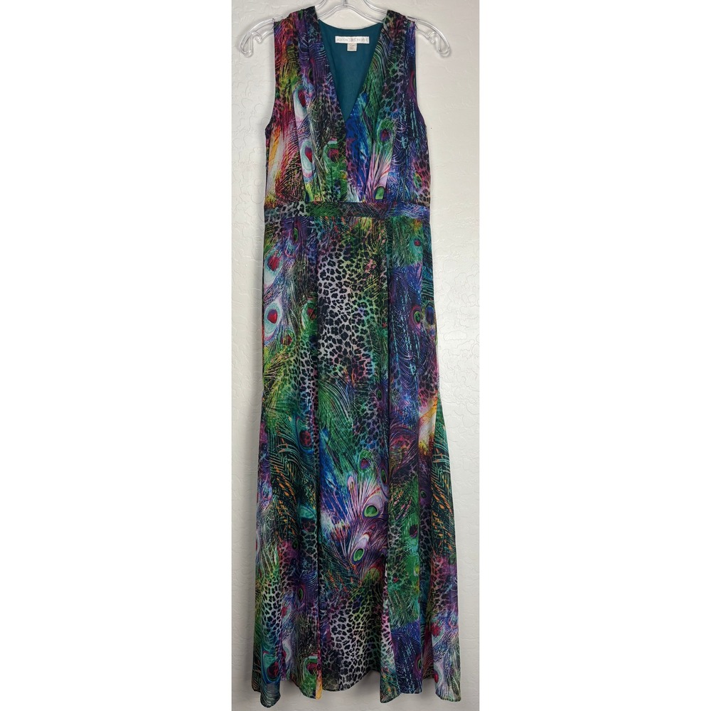 Boston Proper Peacock Leopard Print Maxi Dress V-Neck Sleeveless Size 8 2429